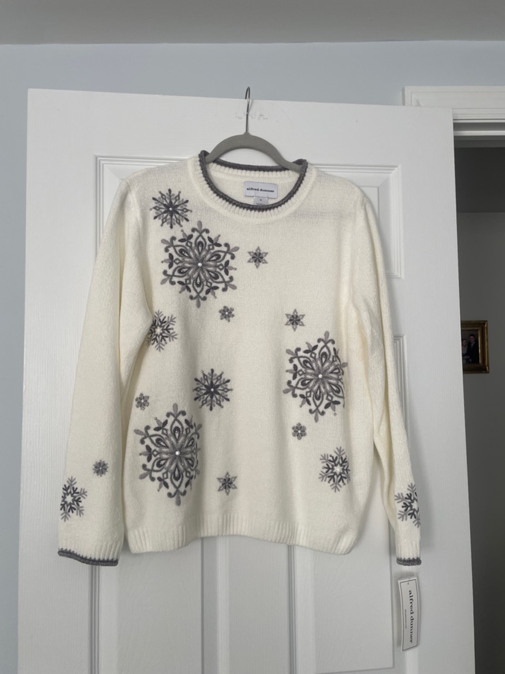 Alfred Dunner Cream Sweater with Gray Snowflake Embellishments